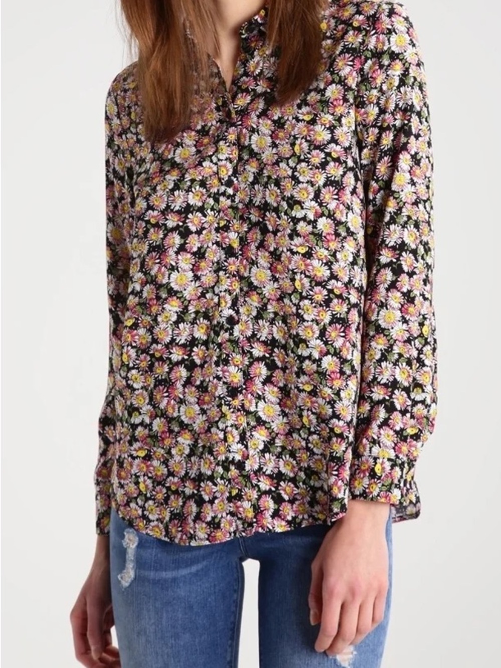 Topshop Black Floral Button-Up Blouse with Pink and Yellow Daisies